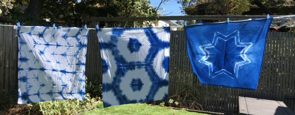 Cotton towels dyes in indigo using shibori techniques