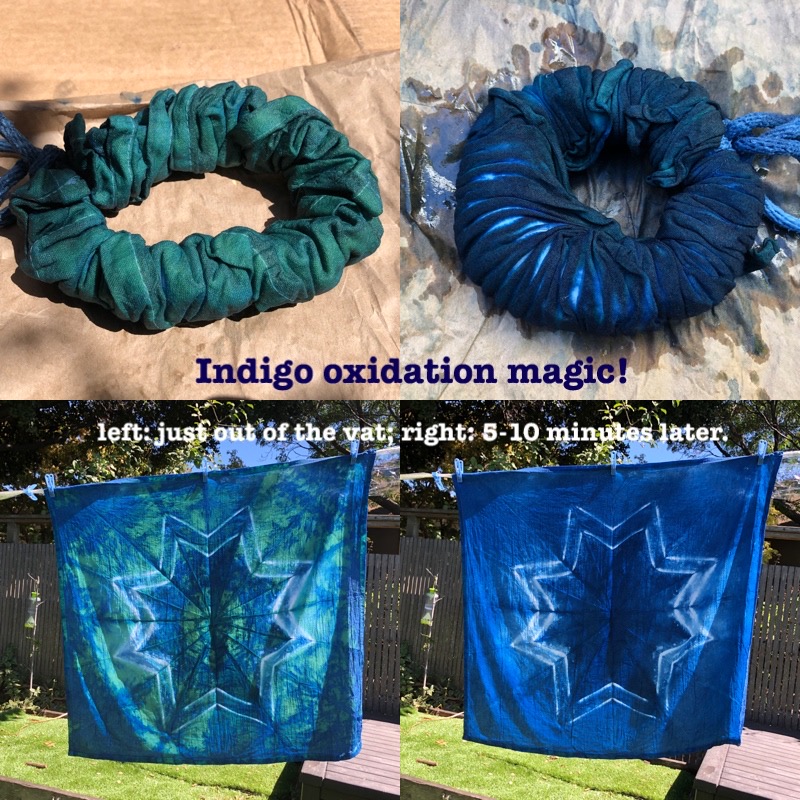 Photos showing how the indigo dye is lime-green out of the vat and oxidizes to a deep dark blue indigo color within 5-10 minutes.