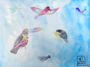 Watercolor of 6 different birds Sophy saw in Costa Rica: Garden Emerald hummingbird, Scarlet Macaw, Violet Sabrewing hummingbird, Fiery-billed Araçari, Orange-collard manakin, Inca Dove.
