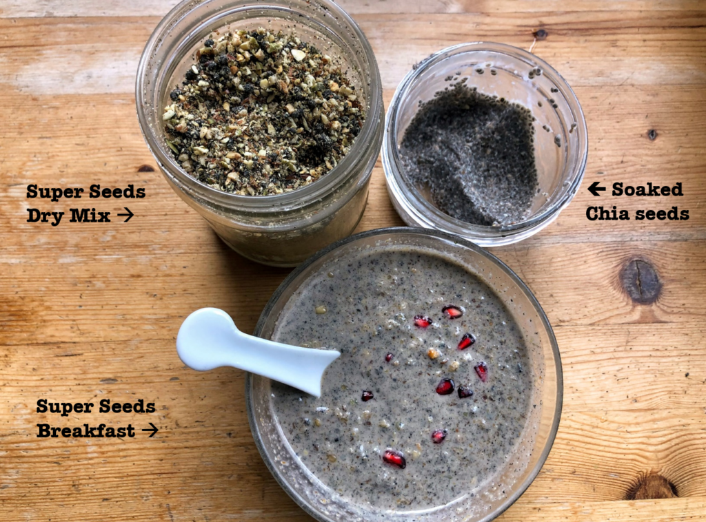 Photo of Super Seeds dry mix, soaked chia seeds in a jar and breakfast bowl
