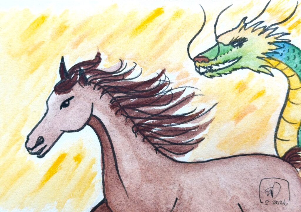 Watercolor of a horse and dragon galloping together with bright lights and flames around them to symbolize the dynamic Fire Horse lunar year starting February 17, 2026.