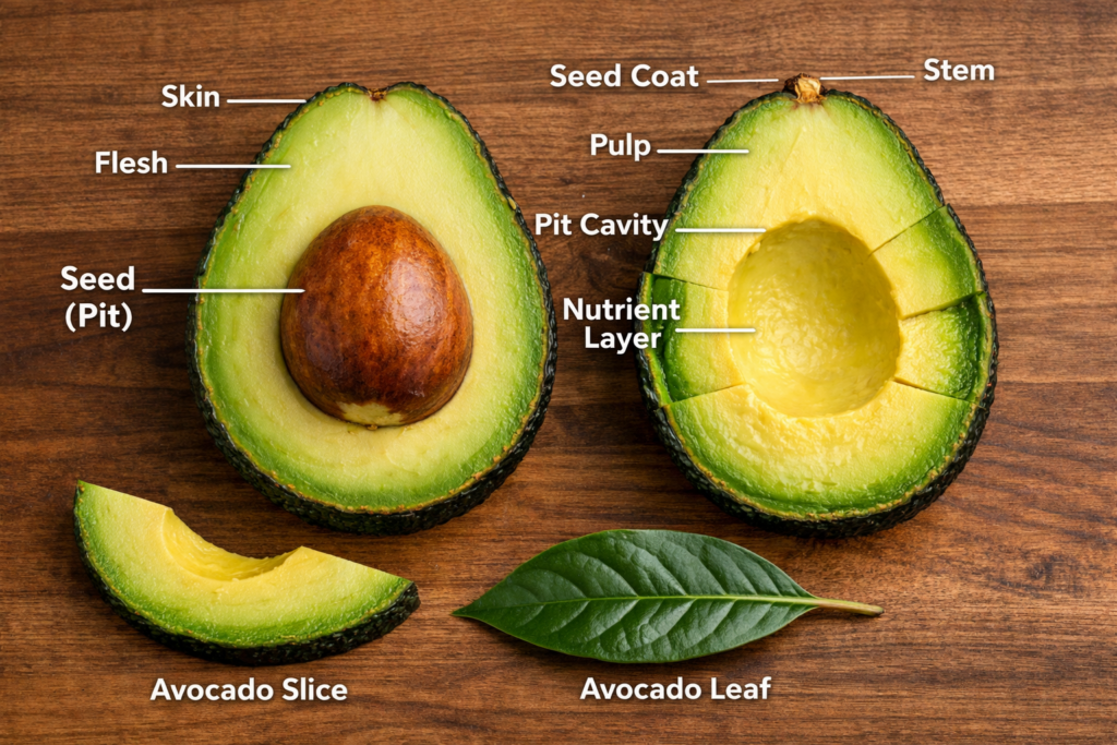 Photo of an avocado cut open and labels with the anatomy of an avocado fruit (I made this with the help of Co-Pilot AI.)